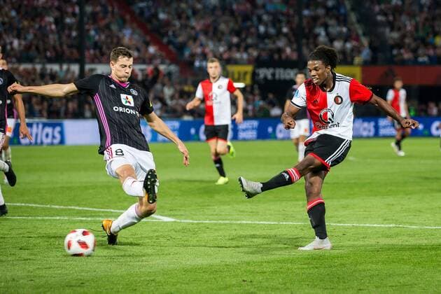ROTTERDAM , 16-08-2018 , Stadium De Kuip , Football , Season 2018 2019 , Europa League , Third qualifying round , Feyenoord - Trencin , Final Result 1-1 , Feyenoord player Tyrell Malacia (r) with a shot during the the match Feyenoord - Trencin  x2401250x