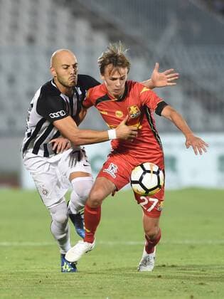 (180817) -- BELGRADE , Aug. 17, 2018 -- Partizan s Nemanja Miletic (L) vies with Nordsjaelland s Mikkel Damsgaard during UEFA Europa League third qualifying round, 2nd leg football match between Partizan and Nordsjaelland in Belgrade, Serbia on Aug. 16, 2018. Partizan won 3-2. ) (SP)SERBIA-BELGRADE-FOOTBALL-UEFA-EUROPA LEAGUE-QUALIFICATIONS PredragxMilosavljevic 