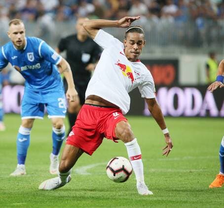 Craiova RB Leipzig Soccer Euro League Qualifiers Craiova 16 08 2018 Stadionul Ion Oblemenco Soccer UEFA Euro League Qualification 3 Round 2nd leg CS Universitatea Craiova vs RB Leipzig 1 1 0 1 Pictured here is Yussuf Poulsen 9 RB Leipzig