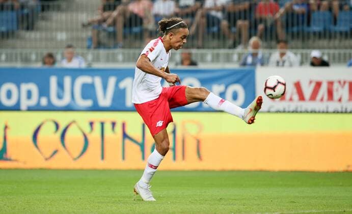 Craiova RB Leipzig Soccer Euro League Qualifiers Craiova 16 08 2018 Stadionul Ion Oblemenco Soccer UEFA Euro League Qualification 3 Round 2nd leg CS Universitatea Craiova vs RB Leipzig 1 1 0 1 Pictured here is Yussuf Poulsen 9 RB Leipzig