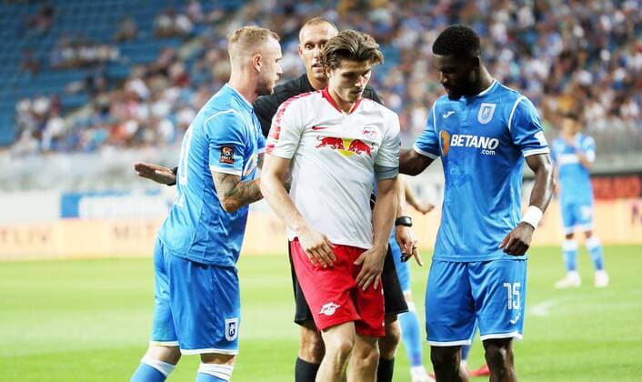 Craiova RB Leipzig Soccer Euro League Qualifiers Craiova 16 08 2018 Stadionul Ion Oblemenco Soccer UEFA Euro League Qualification 3 Round 2nd leg CS Universitatea Craiova vs RB Leipzig 1 1 0 1 Pictured Marcel Sabitzer 7 RB Leipzig misses Matteo Fedele 20 due to injury Craiova referees Miroslav Zelinka and Isaac Donkor 15 Craiova