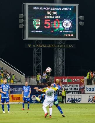 16 08 2018 AEK Arena Larnaca CYP UEFA EL AEK Larnaka vs. SK Puntigamer Sturm Graz 3 Round Rueckspiel im Bild Scoreboard 5 0 and Spielzene during the UEFA Europa League 3rd round 2nd leg match between AEK Larnaka and FK Puntigamer Sturm Graz at the AEK Arena in Larnaca Cyprus on 2018 08 16 Larnaca  EX_FEI