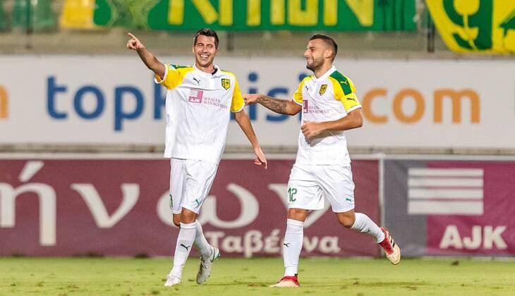 16 08 2018 AEK Arena Larnaca CYP UEFA EL AEK Larnaka vs. SK Puntigamer Sturm Graz 3 Round Rueckspiel im Bild Torjubel Larena Jorge AEK Larnaca Ivan Trickovski AEK Larnaca during the UEFA Europa League 3rd round 2nd leg match between AEK Larnaka and FK Puntigamer Sturm Graz at the AEK Arena in Larnaca Cyprus on 2018 08 16 Larnaca  EX_FEI