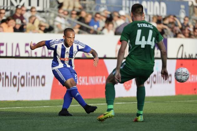 Nikolai Alho of HJK and Dino Stiglec of Olimpja Ljubljana during UEFA Europa League Third Qualifying Round second match HJK Helsinki vs Olimpja Ljubljana at Telia 5G Stadium in Helsinki Finland on 16th August 2018. Matti Raivio All Over Press XXKEIKKAXX  MR021180