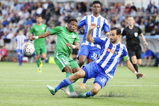Rafinha (right) and Faith Friday Obilor (back) of HJK and Abass Issah of Olimpja Ljubljana during UEFA Europa League Third Qualifying Round second match HJK Helsinki vs Olimpja Ljubljana at Telia 5G Stadium in Helsinki Finland on 16th August 2018. Matti Raivio All Over Press XXKEIKKAXX  MR021183