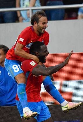 16.08.2018 Bucharest(Romania) FCSB-HNK Hajduk Split 3rd leg qualify for Europa League men s football Harlem Gnohere(down) FCSB with Felipe Teixeira(above)celebrate after match :Stringer 