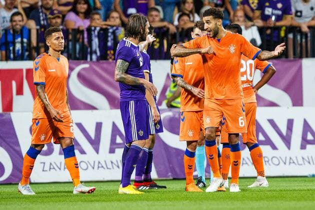 16 08 2018 Ljudski Vrt Maribor SLO UEFA EL NK Maribor vs. Glasgow Rangers Qualification 3 Rounds Pictured Connor Goldson of FC Rangers and Marko Suler of NK Maribor during the UEFA Europa League qualifier 3rd round 2nd match between LASK and Glasgow Rangers at the Ljudski Vrt in Maribor Slovenia on 2018 08 16 Maribor  EX_SPIDA