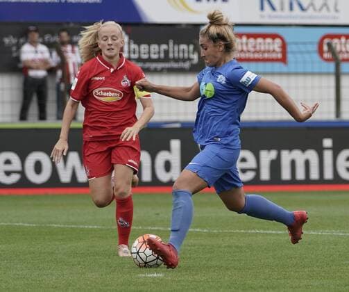 18 08 2018 Hänsch Arena Meppen GER 2 Bundesliga Women SV Meppen vs 1 FC Cologne Jalila Dalaf SV Meppen 10 vs Anna Kirschbaum 1 FC Köln 5 DFL REGULATIONS PROHIBIT ANY USE OF PHOTOGRAPH AS IMAGE SEQUENCES AND OR QUASI VIDEO Meppen Lower Saxony Germany Hänsch Arena