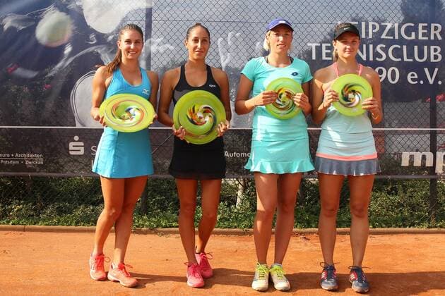 ITF Tennis Leipzig Open 2018 Final Doubles Gana POZNIKHIRENKO UKR Cristina DINU ROU Petra KREJSOVA CZ Jesika MALECKOVA CZ from left Presentation ceremony final Doubles Final Doubles of ITF Tennis Tournament Leipzig Open 2018 on 18.08.2018 at the Leipzig Tennis Club LTC Nordanlage xjkx