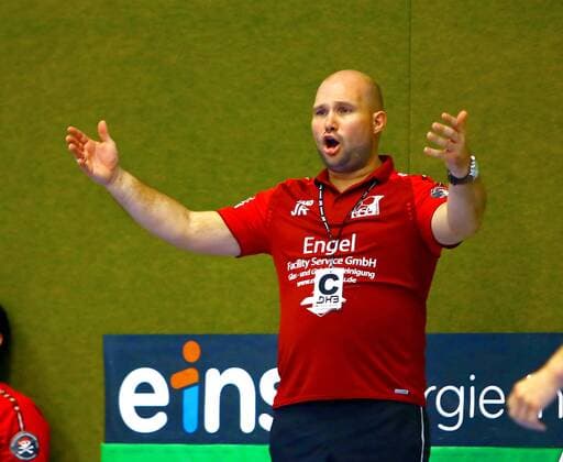 Coach Jan Redmann Rodgau Handball DHB Cup match 2018 19 EHV Aue HSG Rodgau Nieder Roden 23 21 on 18 8 2018 EHV Aue HSG Rodgau Nieder Roden