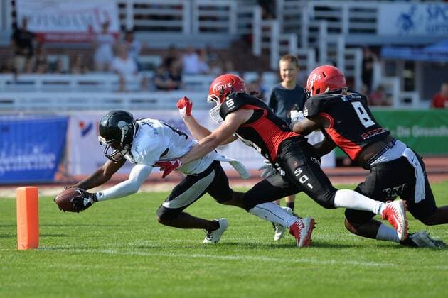 American Football Men Season 2018 GFL North Potsdam Royals Berlin Rebels WR Joshua Simmons No 10 Berlin Rebels DB Damien Donaldson No 18 Potsdam Royals LB Kadel King No 8 Potsdam Royals 18 08 18 Copyright: xMichaelxHundtx xMatthiasxKochx