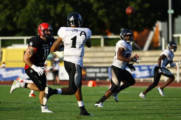 American Football Mens Season 2018 GFL North Potsdam Royals Berlin Rebels DL Alton Foss No. 11 Potsdam Royals QB Terrell Robinson No. 1 Berlin Rebels RB WR Sean Richard No. 84 Berlin Rebels 18 08 18 Copyright: xMichaelxHundtx xMatthiasxKochx