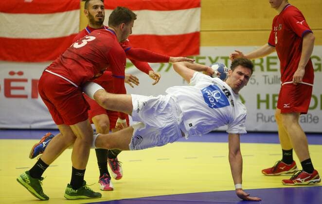 HANDBALL - EURO 2018, AUT vs CZE TULLN,AUSTRIA,19.AUG.18 - HANDBALL - EHF European Championship EM Europameisterschaft U18, international match Länderspiel AUT vs CZE, final. Image shows Nicolas Noworyta (CZE) and Marko Katic (AUT). GEPAxpictures xMarioxKneisl