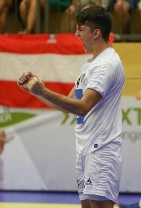 HANDBALL - EURO 2018, AUT vs CZE TULLN,AUSTRIA,19.AUG.18 - HANDBALL - EHF European Championship EM Europameisterschaft U18, international match Länderspiel AUT vs CZE, final. Image shows the rejoicing of Moritz Bachmann (AUT). GEPAxpictures xMarioxKneisl