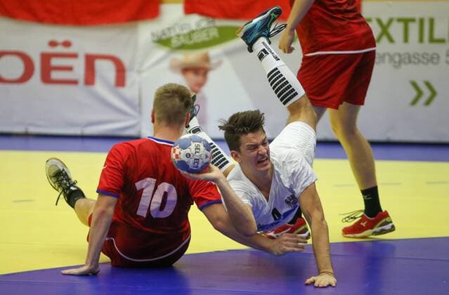 HANDBALL - EURO 2018, AUT vs CZE TULLN,AUSTRIA,19.AUG.18 - HANDBALL - EHF European Championship EM Europameisterschaft U18, international match Länderspiel AUT vs CZE, final. Image shows Stepan Drbohlav (CZE) and Moritz Bachmann (AUT). GEPAxpictures xMarioxKneisl