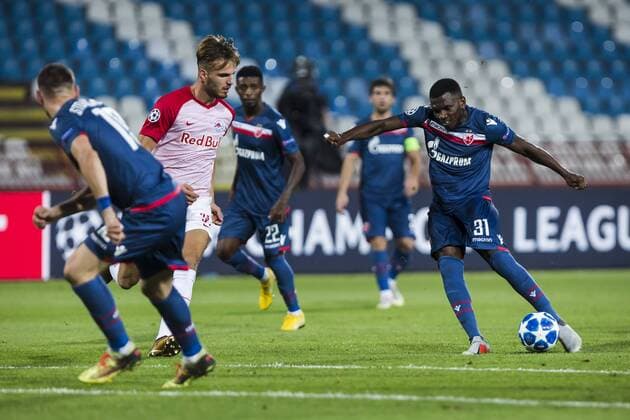 21st August 2018, Rajko Miti& x107; Stadium, Belgrade, Serbia; UEFA Champions League qualifier 1st leg, Red Star Belgrade versus Red Bull Salzburg; El Fardou Ben Nabouhane of Red Star Belgrade shoots on goal  ActionPlus12057460 NikolaxKrstic