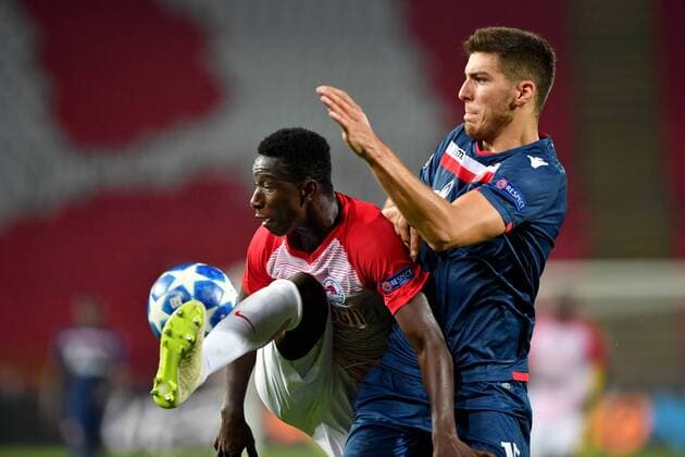 SOCCER - CL quali, Belgrade vs RBS BELGRADE,SERBIA,21.AUG.18 - SOCCER - UEFA Champions League qualification play-off, FC Red Star Belgrade vs Red Bull Salzburg. Image shows Amadou Haidara (RBS) and Srdan Babic (Belgrade). GEPAxpictures xFlorianxErtl