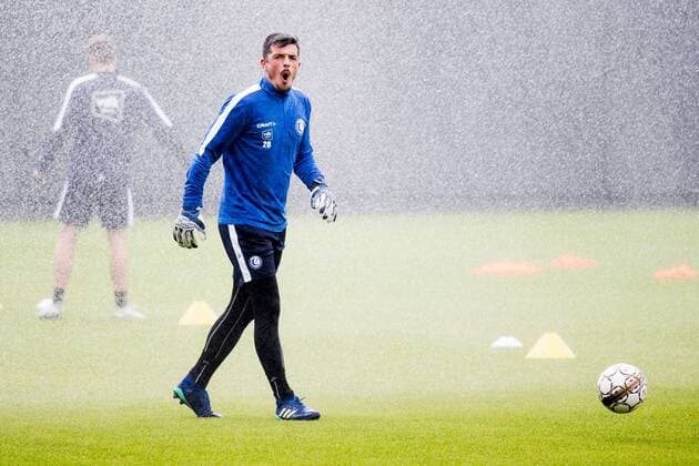 Gent s goalkeeper Yannick Thoelen reacts during a training session of Belgian club KAA Gent ahead of their match against Bordeaux, Wednesday 22 August 2018 in Gent. The team is preparing for the first leg of their play off match against Girondins de Bordeaux for the Europa League competition. JASPERxJACOBS  x05410293x