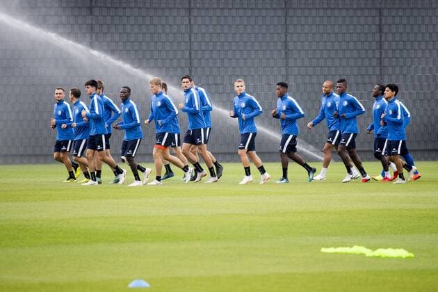 Gent s players pictured in action during a training session of Belgian club KAA Gent ahead of their match against Bordeaux, Wednesday 22 August 2018 in Gent. The team is preparing for the first leg of their play off match against Girondins de Bordeaux for the Europa League competition. JASPERxJACOBS  x05410303x