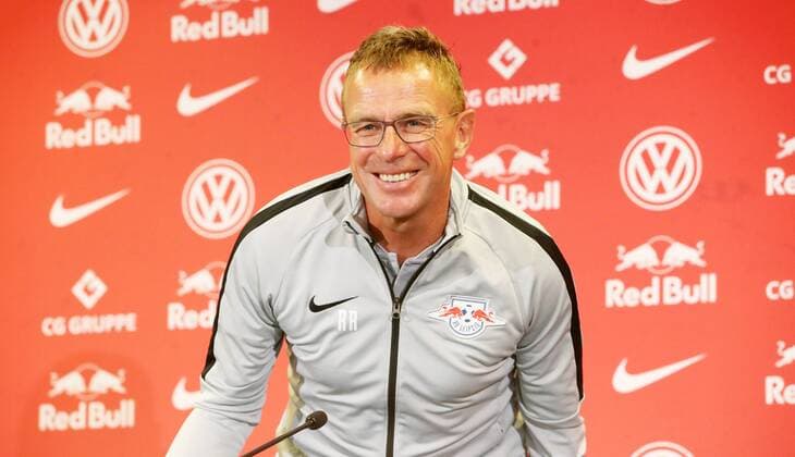 RB Leipzig Press Conference Football Leipzig 22 08 2018 Red Bull Academy Football Rasenballsport Leipzig Press conference before the away game in the Euroleague with Sorja Luhansk In the picture Coach Ralf Rangnick RB Leipzig