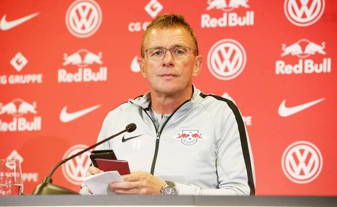 RB Leipzig Press Conference Football Leipzig 22 08 2018 Red Bull Academy Football Rasenballsport Leipzig Press conference before the away game in the Euroleague with Sorja Luhansk In the picture Coach Ralf Rangnick RB Leipzig