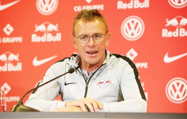 RB Leipzig Press Conference Football Leipzig 22 08 2018 Red Bull Academy Football Rasenballsport Leipzig Press conference before the away game in the Euroleague with Sorja Luhansk In the picture Coach Ralf Rangnick RB Leipzig