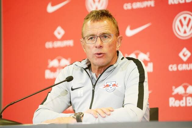RB Leipzig Press Conference Football Leipzig 22 08 2018 Red Bull Academy Football Rasenballsport Leipzig Press conference before the away game in the Euroleague with Sorja Luhansk In the picture Coach Ralf Rangnick RB Leipzig