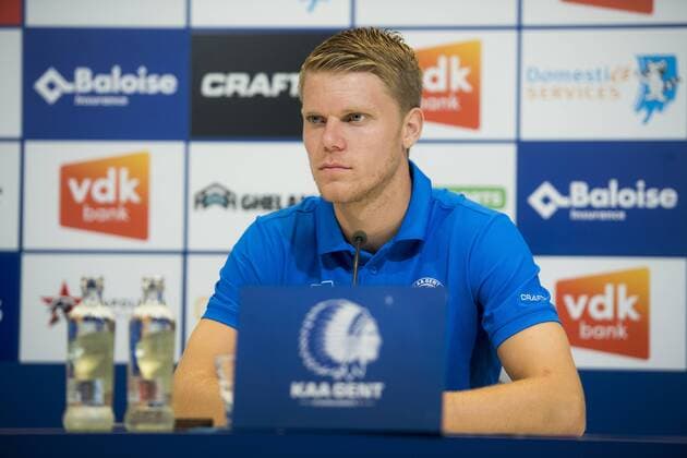 Gent s Sigurd Rosted talks to the press during a press conference PK Pressekonferenz of Belgian club KAA Gent ahead of their match against Bordeaux, Wednesday 22 August 2018 in Gent. The team is preparing for the first leg of their play off match against Girondins de Bordeaux for the Europa League competition. JASPERxJACOBS  x05410554x
