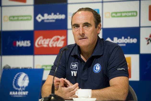 Gent s head coach Yves Vanderhaeghe pictured during a press conference PK Pressekonferenz of Belgian club KAA Gent ahead of their match against Bordeaux, Wednesday 22 August 2018 in Gent. The team is preparing for the first leg of their play off match against Girondins de Bordeaux for the Europa League competition. JASPERxJACOBS  x05410567x
