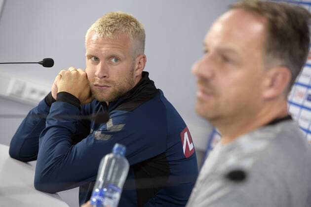 Fußball, EL Quali, Bröndby IF Pressekonferenz Brondby s Johan Larsson and Brondby s head coach Alexander Zorniger pictured during the press conference PK Pressekonferenz of Danish Brondby IF, Wednesday 22 August 2018 in Genk, ahead of the first leg of their play off game against Belgian first division soccer team KRC Genk in the Europa League competition. YORICKxJANSENS  x05410862x