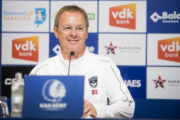 Fußball, EL Quali, Girondins de Bordeaux Pressekonferenz Head coach ad interim Eric Bedouet talks to the press during a press conference PK Pressekonferenz of Girondins de Bordeaux ahead of their match against Belgian club KAA Gent, Wednesday 22 August 2018 in Gent. The team is preparing for the first leg of their play off match against Belgian club KAA Gent for the Europa League competition. JASPERxJACOBS  x05410894x