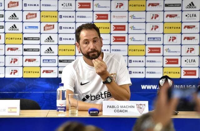 Pablo Machin, coach of Sevilla, speaks to journalists during the press conference PK Pressekonferenz prior to the European League qualification match SK Sigma Olomouc vs Sevilla in Olomouc, Czech Republic, August 22, 2018. (CTKxPhoto LudekxPerina) CTKPhotoP201808220795801  LPE 009