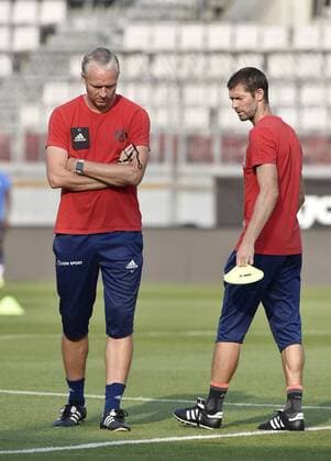 (L-R) Coach of Olomouc Vaclav Jilek, left, and his assistant Ladislav Onofrej attend the training prior to the European League qualification match SK Sigma Olomouc vs Sevilla in Olomouc, Czech Republic, August 22, 2018. (CTKxPhoto LudekxPerina) CTKPhotoP201808220765001  LPE 005