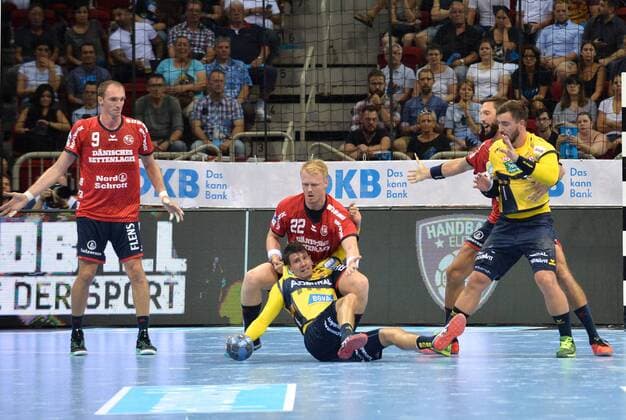Handball Pixum Super Cup SG Flensburg Handewitt Rhein Neckar Löwen on 22 08 2018 at the ISS Dome in Dusseldorf by Holger Glandorf Flensburg Andy Schmid Rhine Neckar Lions Anders Zachariassen Flensburg Jannik Kohlbacher Rhine Neckar Löwen Tobias Karlsson Flensburg xTTx