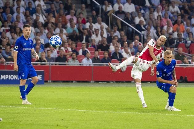 AMSTERDAM, Netherlands, 22-08-2018, football, season 2018 2019, Champions League Play-offs , Johan Cruijff ArenA , Ajax player Hakim Ziyech scores the 2-1 during the match Ajax - Dynamo Kiev Ajax - Dynamo Kiev  x2413803x