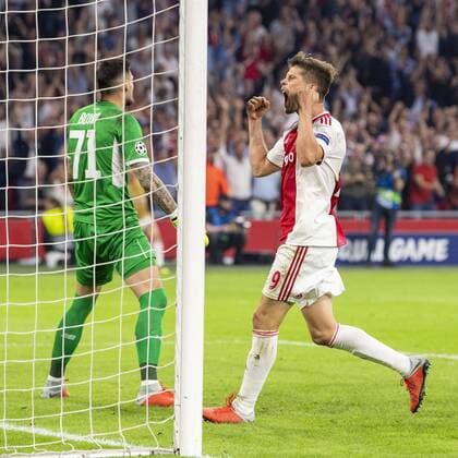 AMSTERDAM, Netherlands, 22-08-2018, football, season 2018 2019, Champions League Play-offs , Johan Cruijff ArenA , Ajax player Klaas Jan Huntelaar celebrating the 2-1 during the match Ajax - Dynamo Kiev Ajax - Dynamo Kiev  x2413839x