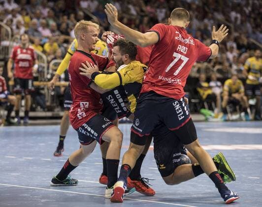 Pixum Super Cup in Dusseldorf 22 8 2018 Pixum Super Cup in Dusseldorf 22 8 2018 SG Flensburg Handewitt vs Rhein Neckar Leuven Anders Zachariassen 22 Jannik Kohlbacher 80 Magnus Abelvik Rod 77