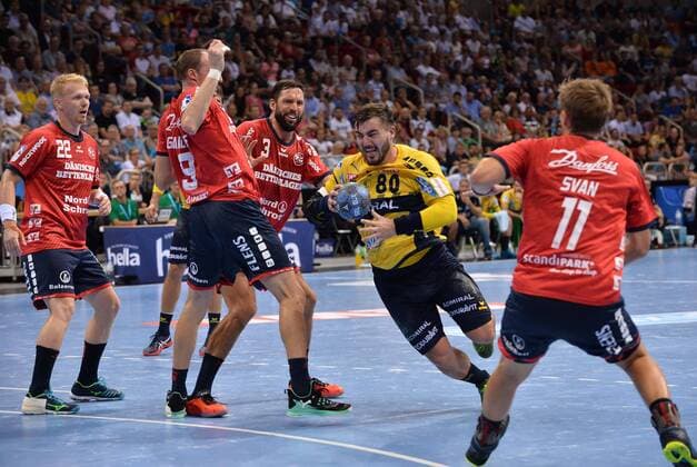 Handball Pixum Super Cup SG Flensburg Handewitt Rhein Neckar Löwen on 22 08 2018 at the ISS Dome in Düsseldorf by Zachariassen Flensburg Holger Glandorf Flensburg Tobias Karlsson Flensburg Jannik Kohlbacher Rhein Neckar Löwen Lasse Svan Flensburg xTTx