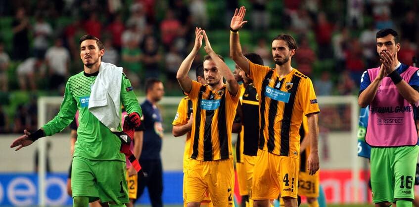 22.08.2018 Budapest(Hungary) FC Vidi-FC AEK Athens play off champions league men s football Vassilis Barkas(L),Michalis Bakakis(2L),Marios Oikonomou(3L),Panagiotis Tsintotas(R) FC AEK Athens celebrate victory after match : 