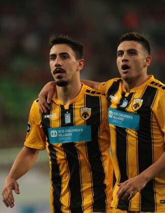 22.08.2018 Budapest(Hungary) FC Vidi-FC AEK Athens play off champions league men s football Andre Simoes,Kostas Galanopoulos AEK Athens : 