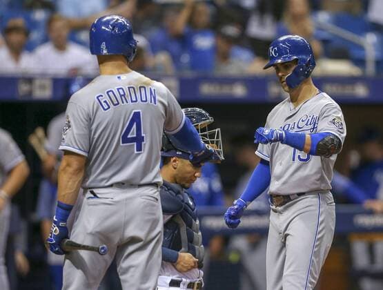 August 22, 2018 - St. Petersburg, Florida, U.S. - CHRIS URSO Times.Kansas City Royals second baseman Whit Merrifield (15) is congratulated by Kansas City Royals left fielder Alex Gordon (4) after hitting solo homer in the fourth inning against the Tampa Bay Rays Wednesday, Aug. 22, 2018 in St. Petersburg. Florida News - August 22, 2018 - ZUMAs70_ 85078858st Copyright: xChrisxUrsox