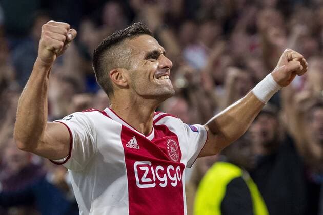 AMSTERDAM, Netherlands, 22-08-2018, football, season 2018 2019, Champions League Play-offs , Johan Cruijff ArenA , Ajax player Dusan Tadic celebrates the 3-1 during the match Ajax - Dynamo Kiev . final score 3-1 Ajax - Dynamo Kiev  x2414332x