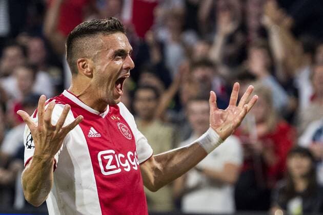 AMSTERDAM, Netherlands, 22-08-2018, football, season 2018 2019, Champions League Play-offs , Johan Cruijff ArenA , Ajax player Dusan Tadic celebrates the 3-1 during the match Ajax - Dynamo Kiev . final score 3-1 Ajax - Dynamo Kiev  x2414335x