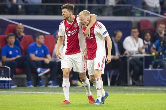AMSTERDAM, Netherlands, 22-08-2018, football, season 2018 2019, Champions League Play-offs , Johan Cruijff ArenA , Ajax player Klaas Jan Huntelaar and Ajax player Donny van de Beek celebrate the 1-0 during the match Ajax - Dynamo Kiev . final score 3-1 Ajax - Dynamo Kiev  x2414338x