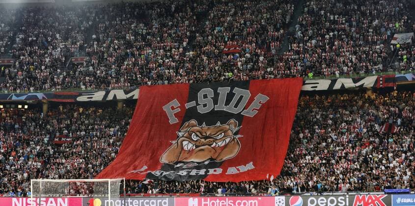 AMSTERDAM, Netherlands, 22-08-2018, football, season 2018 2019, Champions League Play-offs , Johan Cruijff ArenA , great atmosphere with fans on the F-side during the match Ajax - Dynamo Kiev 3-1. Ajax - Dynamo Kiev  x2414453x