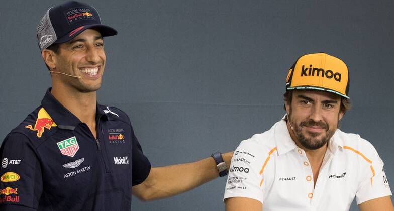 Red Bull s Australian driver Daniel Ricciardo and McLaren s Spanish driver Fernando Alonso pictured during a press conference PK Pressekonferenz part of preparations ahead of the Spa-Francorchamps Formula One Grand Prix of Belgium race, in Spa-Francorchamps, Thursday 23 August 2018. BENOITxDOPPAGNE  x05411533x
