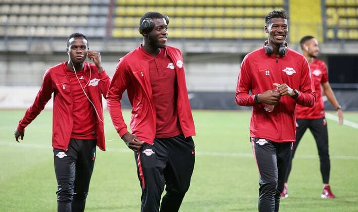 Luhansk RB Leipzig Soccer Euro League Qualifiers Zaporozhye Ukraine 23 08 2018 Slawutytsch Arena Soccer UEFA Europa League Qualification Playoff FK Sorja Luhansk UR vs RB Leipzig GER Gameday v Bruma Dayot Upamecano and Nordi Mukiele all RB Leipzig