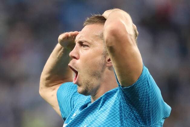 ST PETERSBURG, RUSSIA â€“ AUGUST 23, 2018: FC Zenit St Petersburg s Artyom Dzyuba celebrates scoring in Leg 1 of their 2018â€“19 UEFA Europa League play-off round football match against FC Molde at Saint Petersburg Stadium. Alexander Demianchuk TASS  TS08DBF6