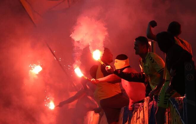 Brondby s supporters pictured during a soccer game between Belgian team KRC Genk and Danish club Brondby IF, Thursday 23 August 2018 in Genk, the first leg of the play off for the UEFA Europa League competition. VIRGINIExLEFOUR  x05411594x