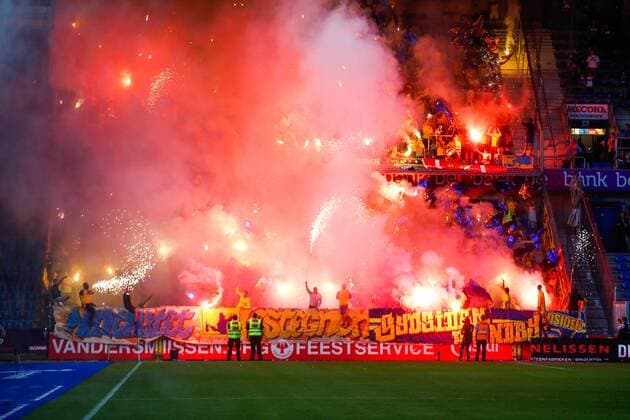 Brondby s supporters pictured at the start of a soccer game between Belgian team KRC Genk and Danish club Brondby IF, Thursday 23 August 2018 in Genk, the first leg of the play off for the UEFA Europa League competition. BRUNOxFAHY  x05411590x